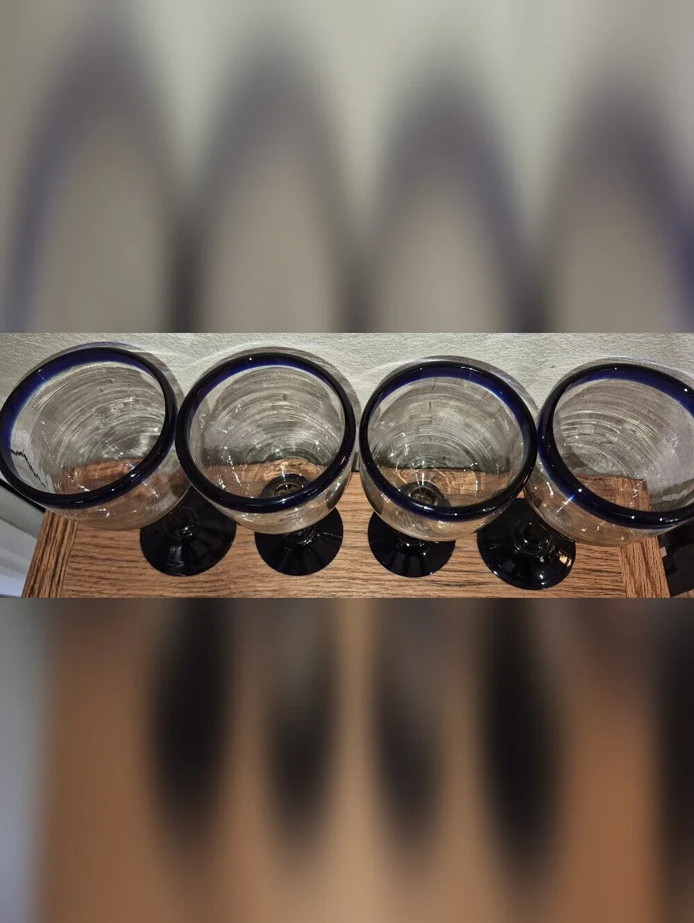 4 Vintage Hand-Blown Mexican Wine glasses featuring Cobalt Blue rims and Bases